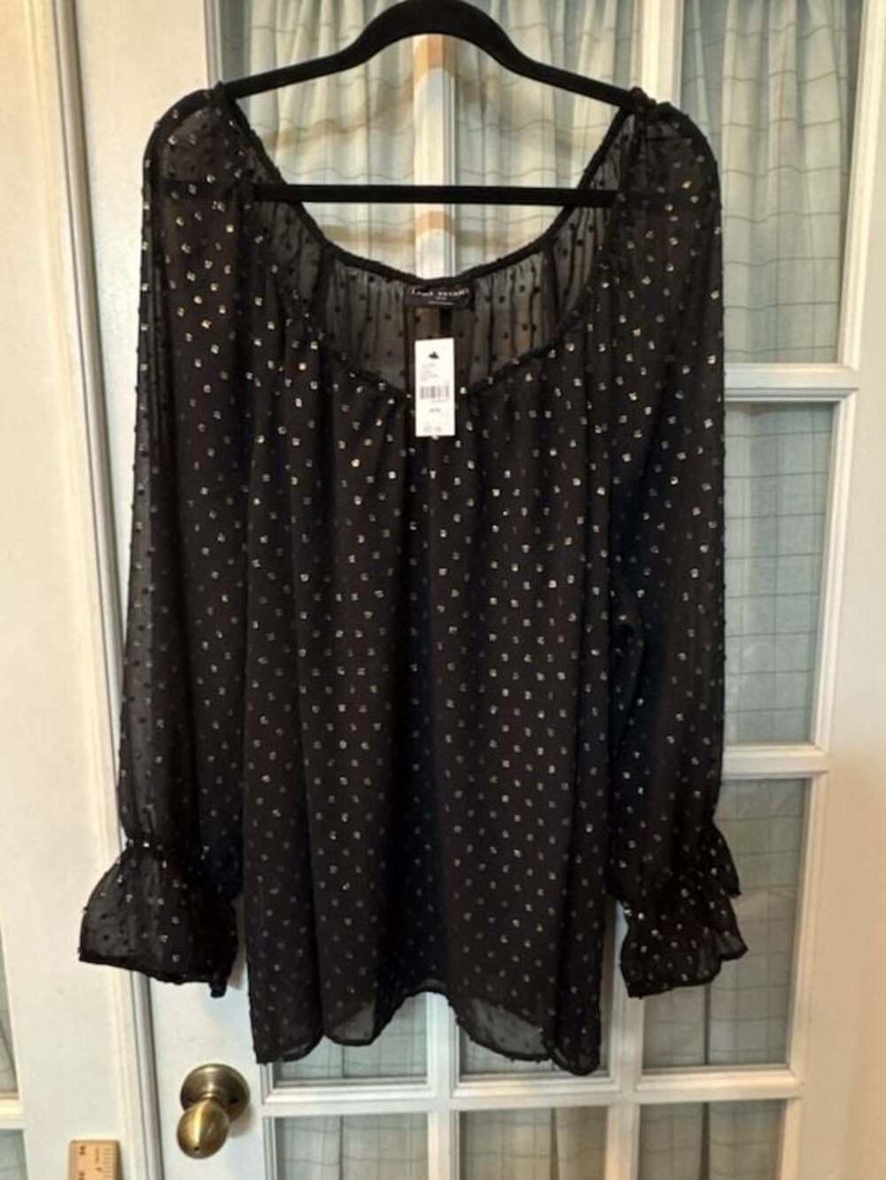 Lane Bryant Black and Gold Metallic Dot Ruffle Sleeve Blouse